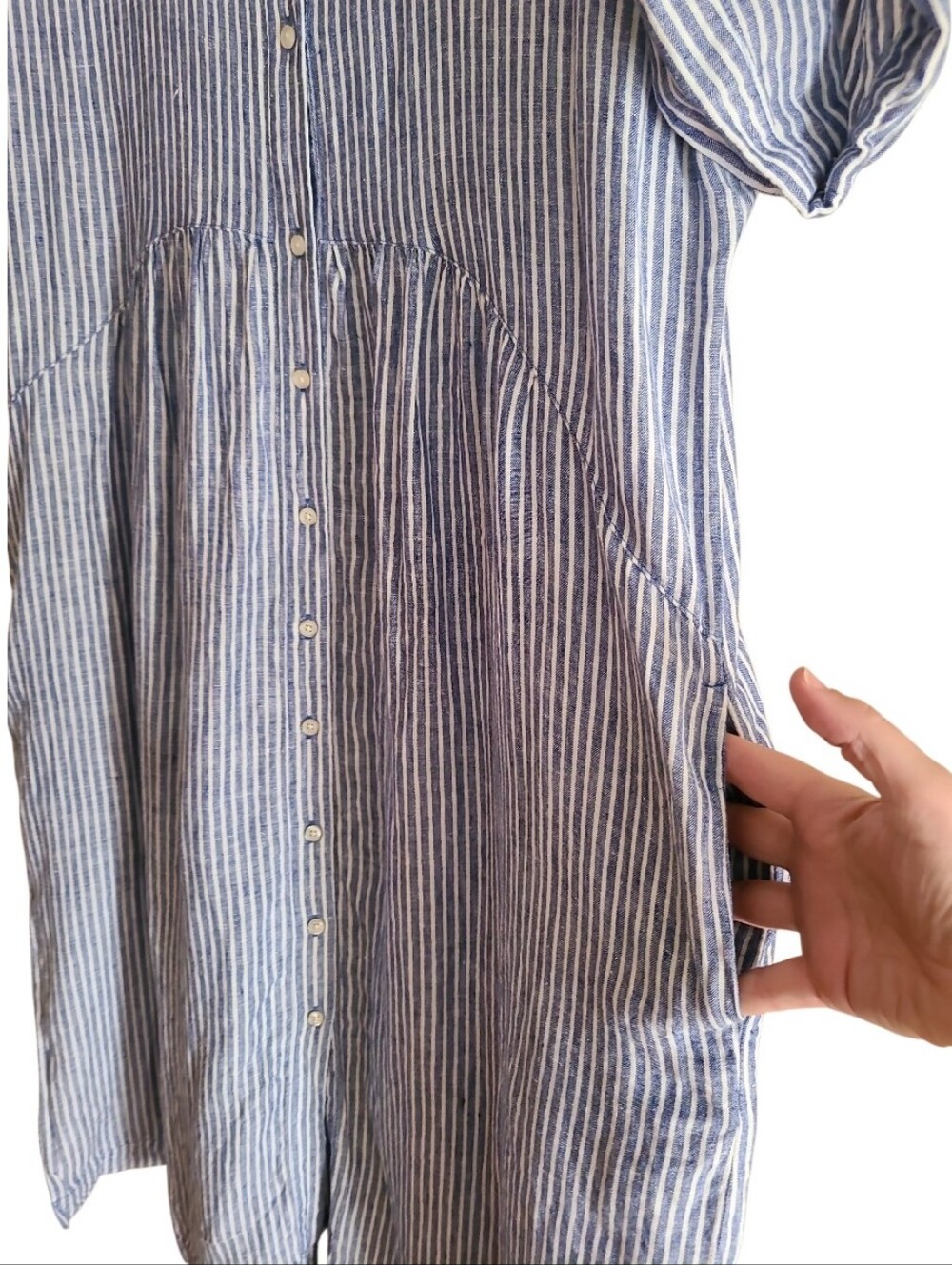 Talbots Petite Drop Waist 100% Linen Stripe Shirt Dress Blue White - Picture 7 of 17
